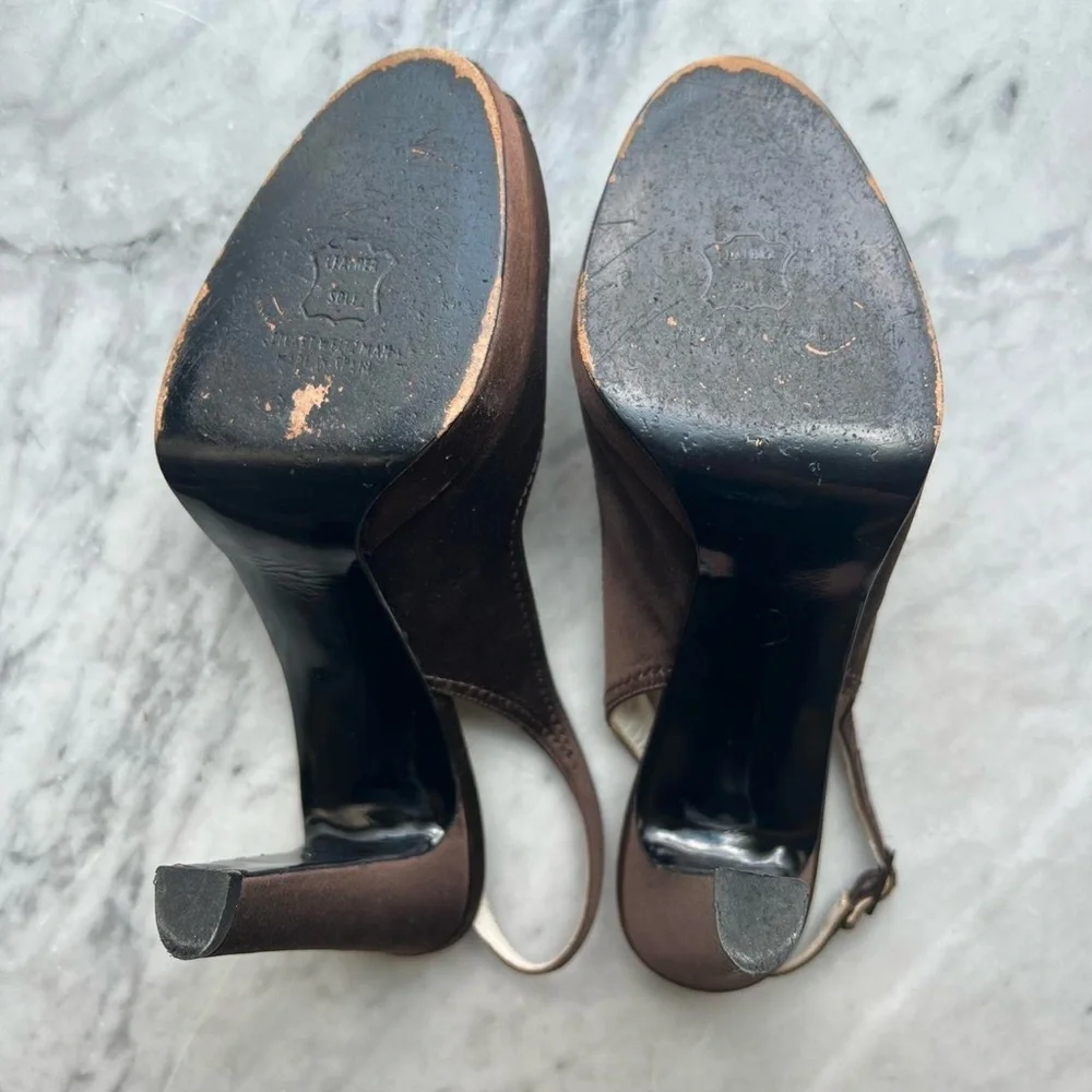 Stuart Weitzman Chocolate Brown Satin Slingback Heels – Size 8 - Picture 6 of 7